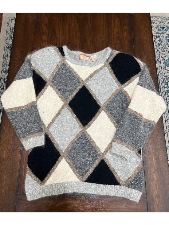 Christina Sweaters - Vintage Crewneck Argyle Sweater Silk Angora Wool Black Gray 80s 90s Fuz Soft Med